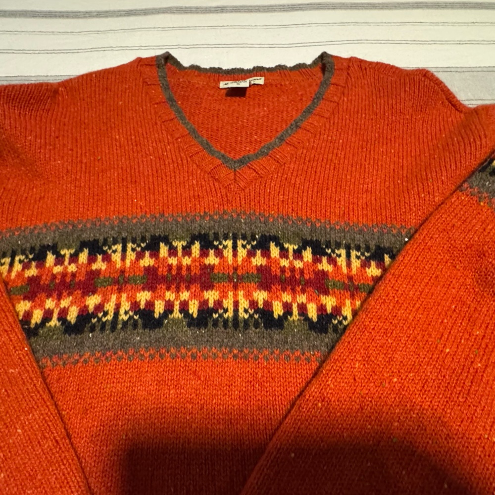 Women’s Orange V-Neck Fair Isle Wool Blend Sweater